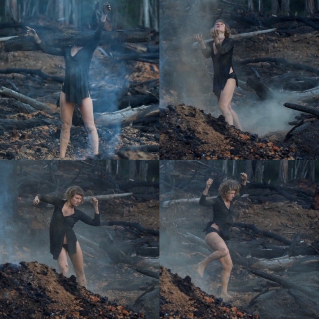 Four images stuck together of a woman dancing in steaming earth