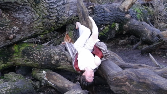 A woman hanging upsidedown from a fallen tree