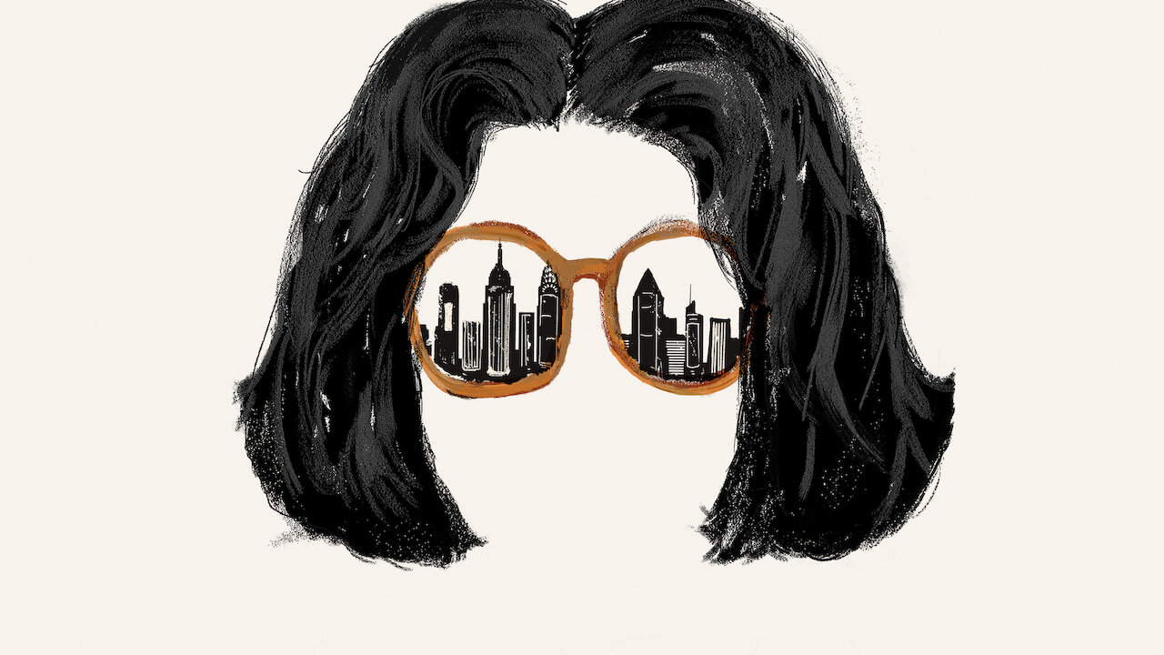Painting of face with city reflected in glasses