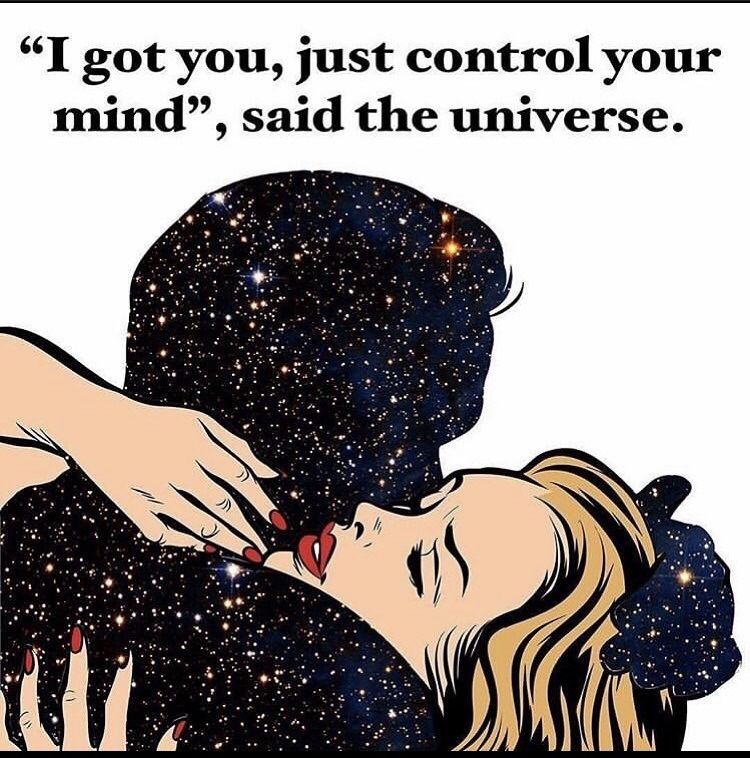 A poster of a woman embracing a man made of stars. "I got you, just control your mind", said the universe