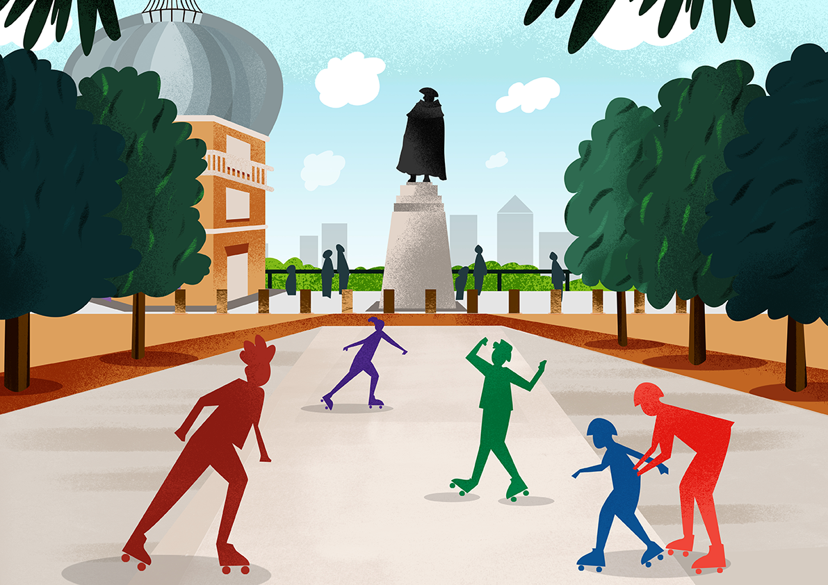 Summer Sessions Greenwich Park. An illustration of the General Wolfe statue and Royal Observatory in Greenwich Park