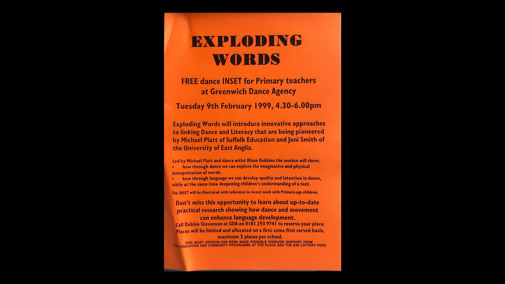 Exploding Words. Free dance INSET for Primary teachers at Greenwich Dance Agency. Tuesday 9th February 1999.